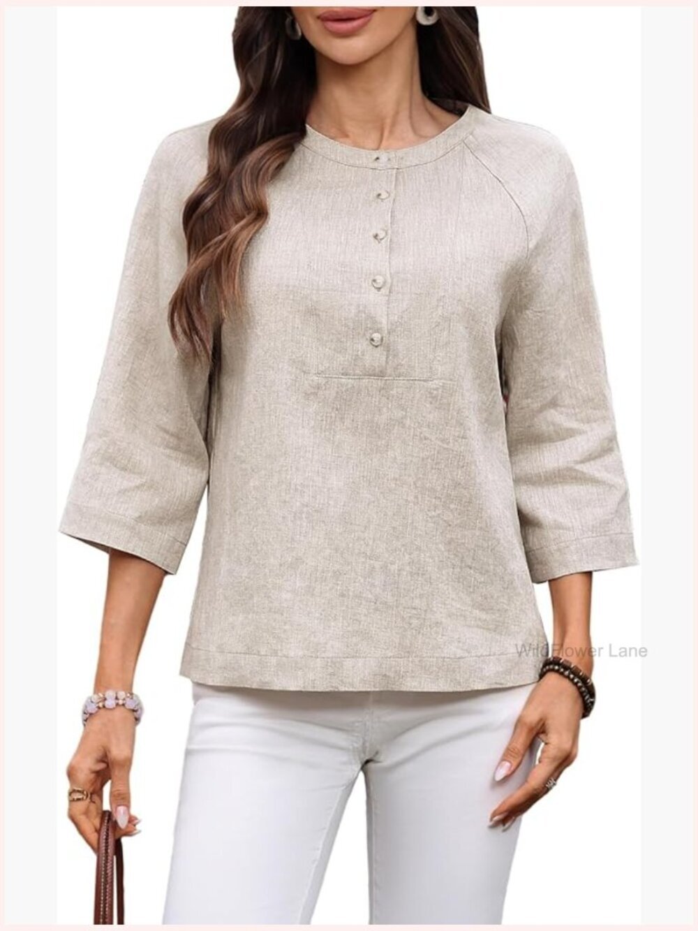 100% Linen Henley Shirt 3/4 Sleeve Button Up Crewneck Blouse Summer Casual Top
